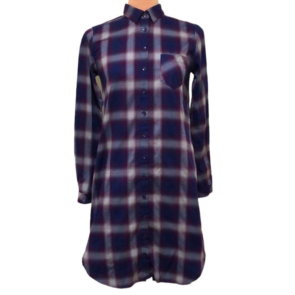 Garnet Hill Shirtdress Shirt Dress Size 4 Blue Plaid Pima Cotton Button Up